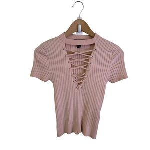 [F21] Ribbed Lace Up Top